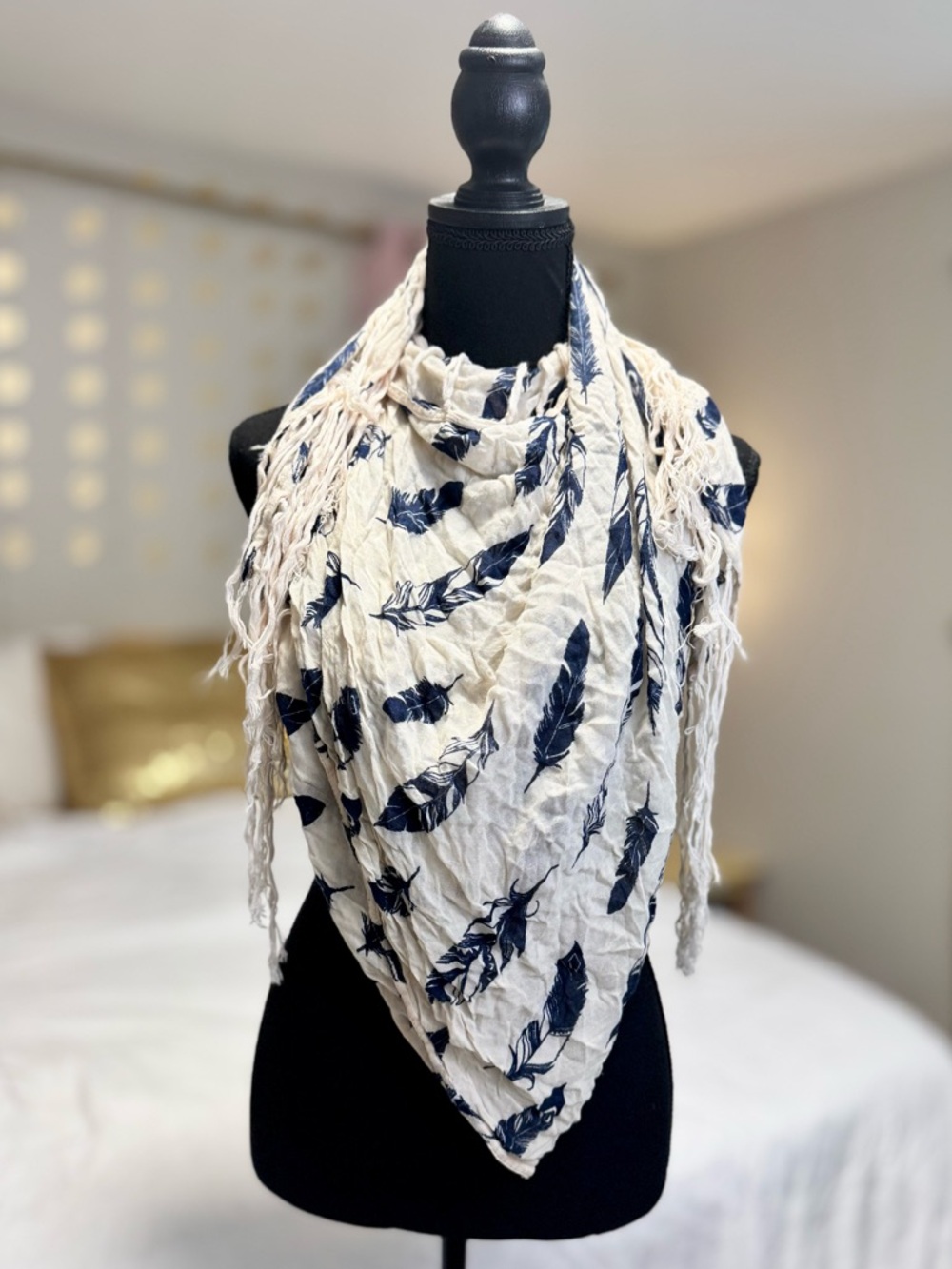 Cream Navy Feather Print Fringe Scarf Lightweight Boho Wrap - Picture 2 of 5